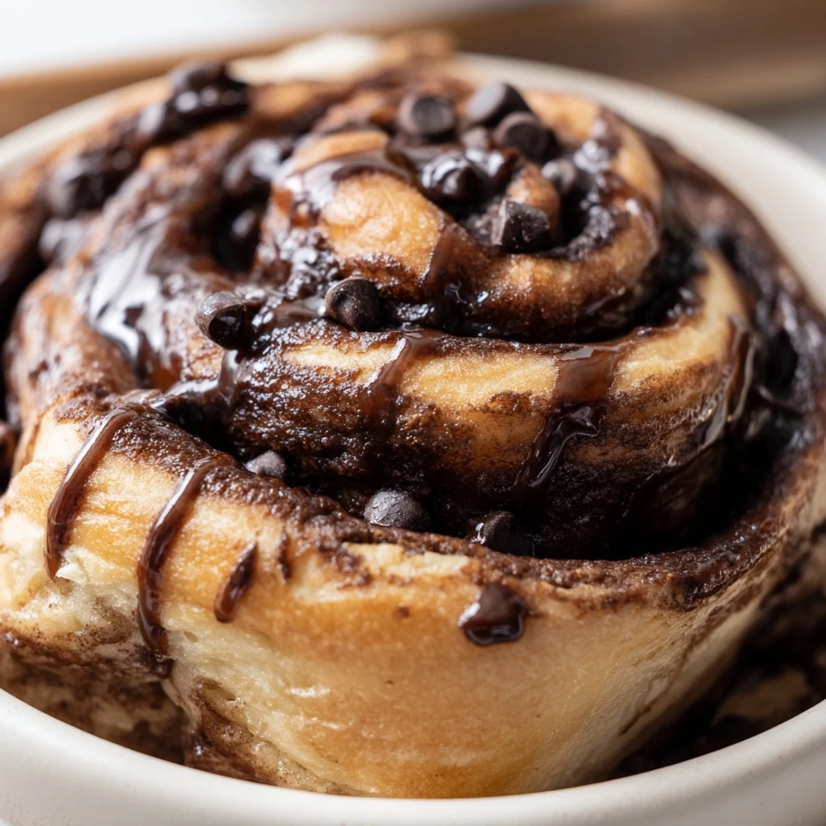 Warm double chocolate cinnamon rolls sliced open revealing rich chocolate cinnamon spiral layers