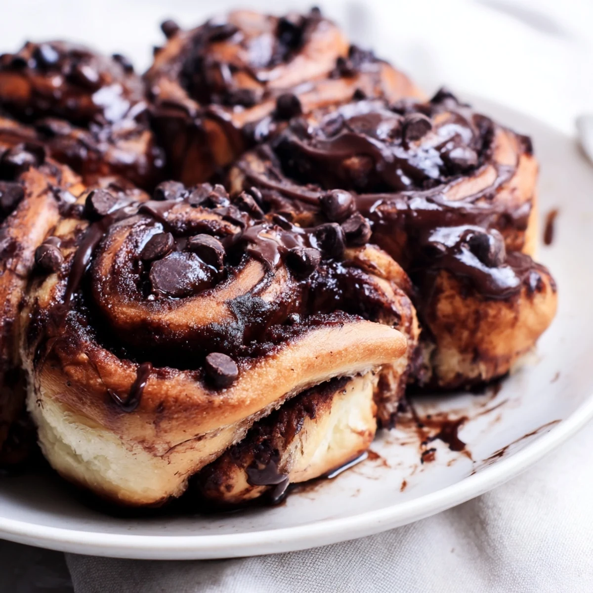 Freshly baked double chocolate cinnamon rolls with glossy glaze drizzling over fluffy swirls
