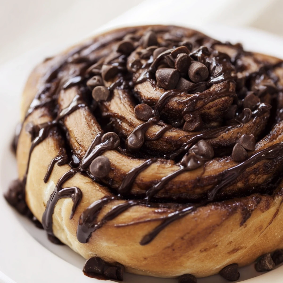 Pan of golden double chocolate cinnamon rolls topped with decadent chocolate glaze ready to serve