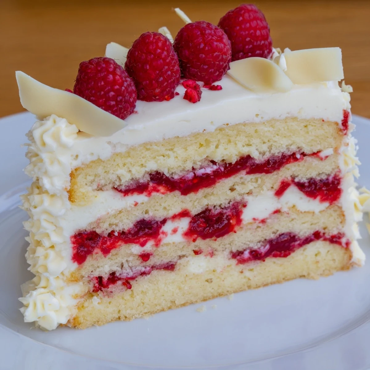 White chocolate raspberry cream cake slice showing layered vanilla sponge with ruby raspberry compote swirls and fluffy white chocolate frosting topping