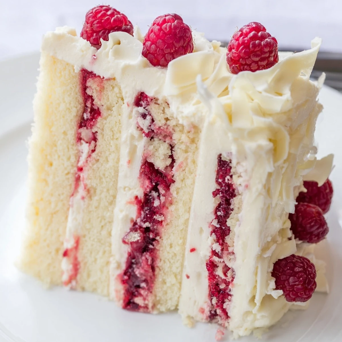 Triple-layer white chocolate raspberry cream cake decorated with fresh red raspberries and elegant white chocolate curls on a serving plate