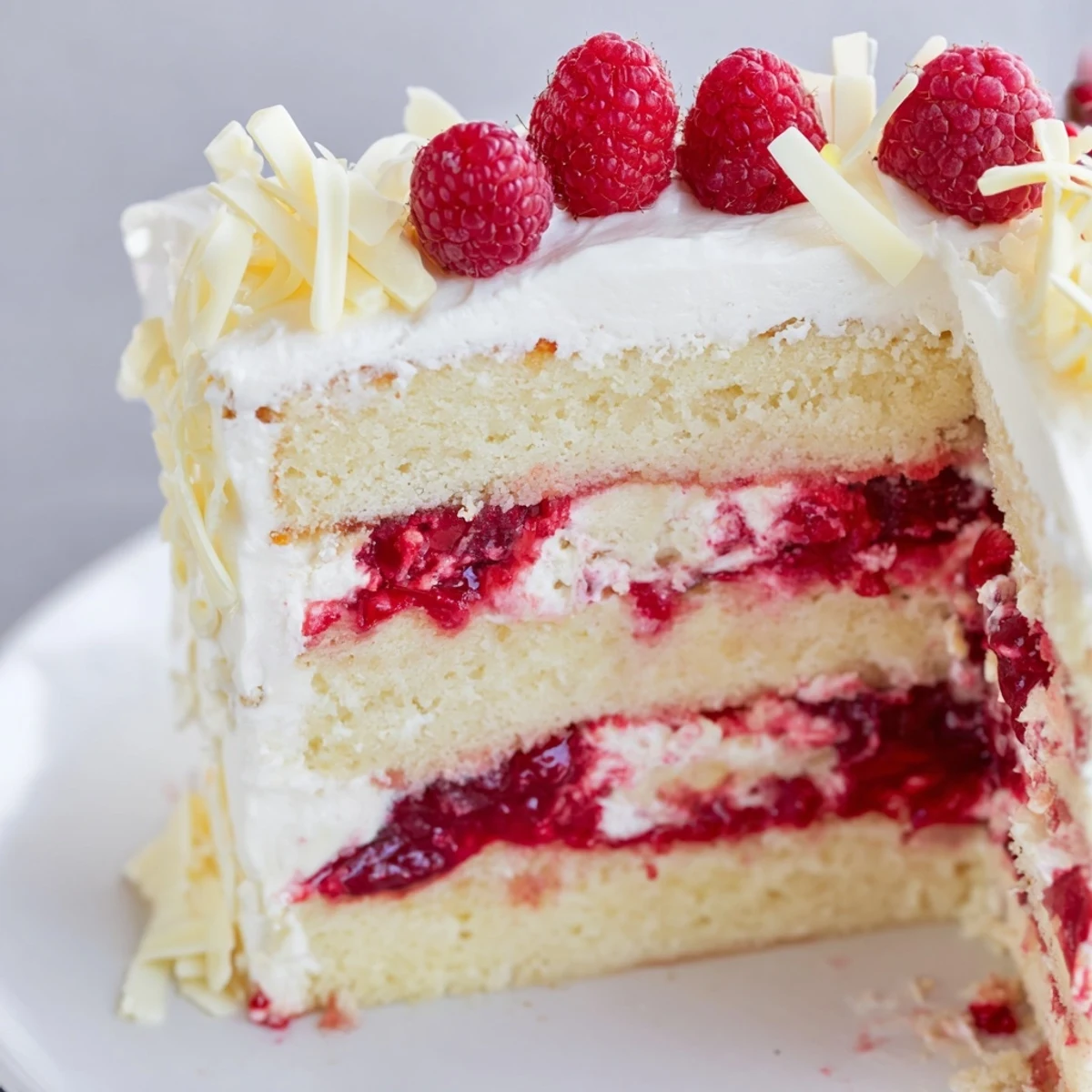 Close-up of white chocolate raspberry cream cake displaying moist vanilla cake layers sandwiched between creamy white chocolate filling and tart raspberry sauce
