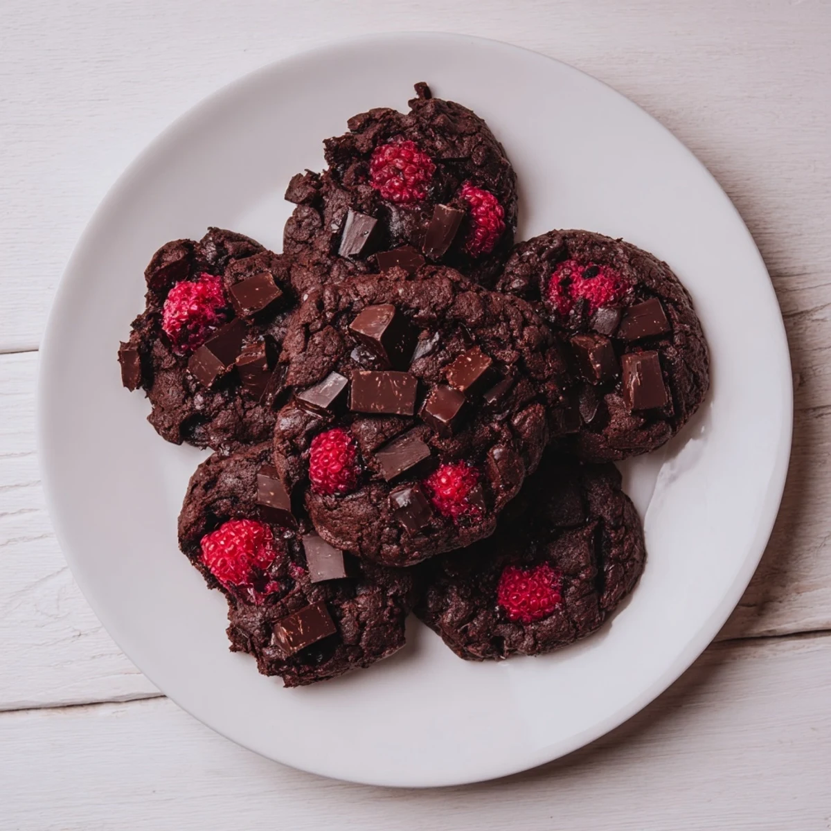 Freshly baked dark chocolate raspberry cookies stacked on a wooden cutting board with melted chocolate visible