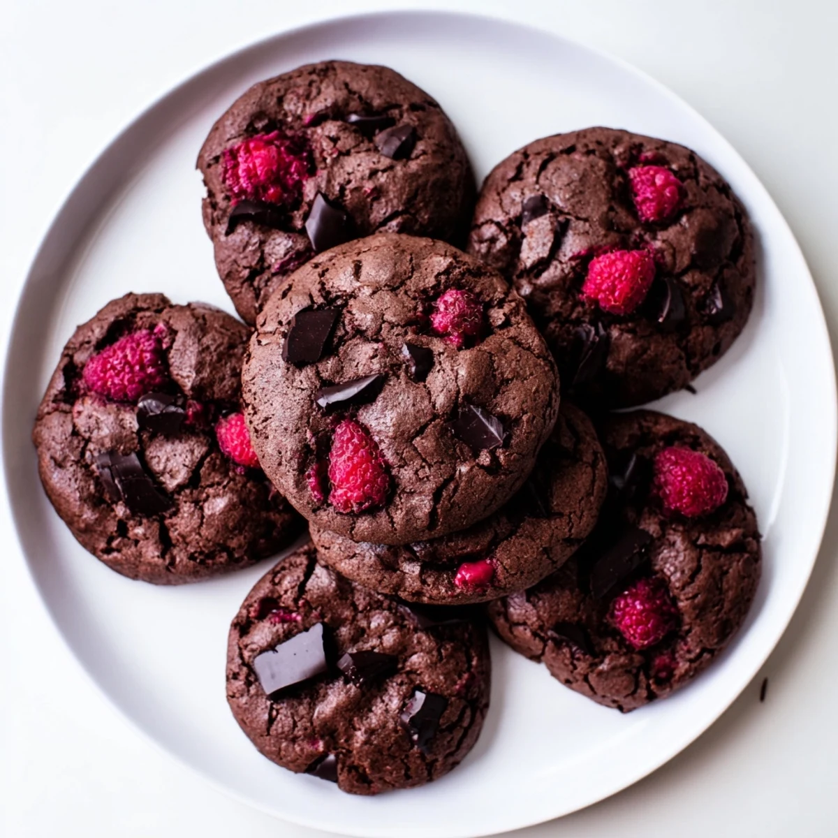 Chewy dark chocolate raspberry cookies cooling on a wire rack with vibrant raspberry pieces peeking through