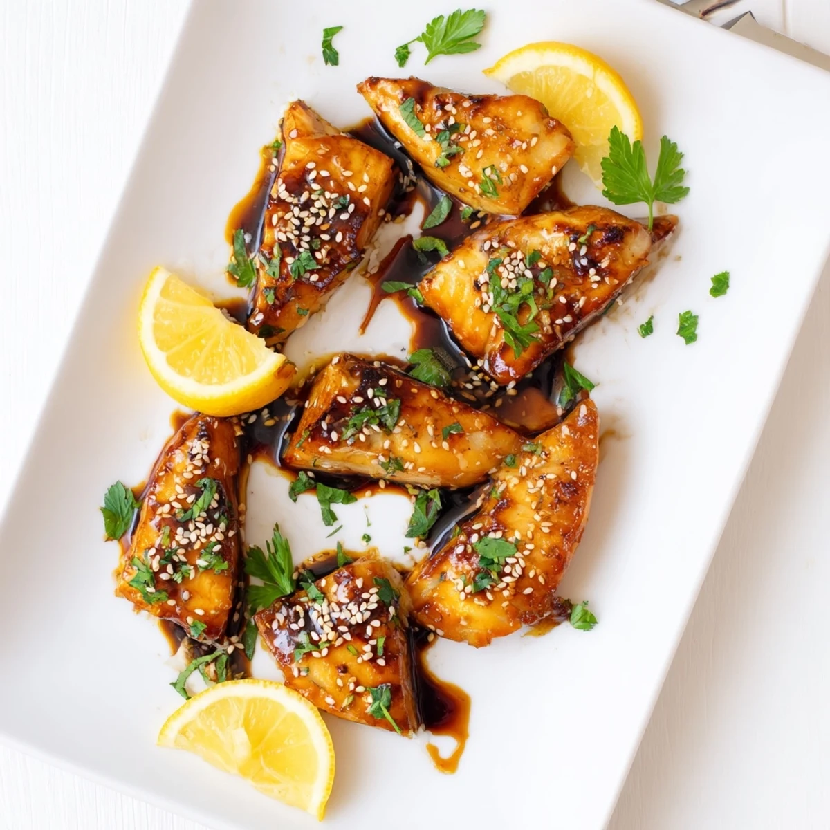Golden baked cod fillets glazed with honey soy marinade, garnished with fresh parsley and sesame seeds