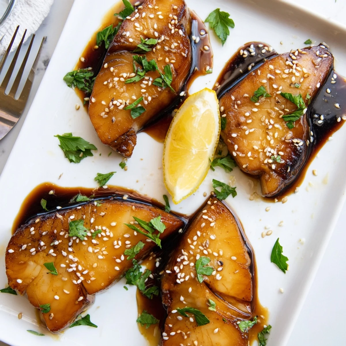 Flaky baked cod in sweet savory honey soy sauce, perfectly cooked and sprinkled with cilantro