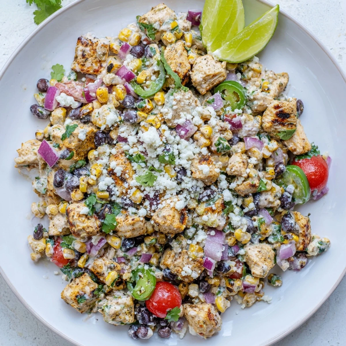 Golden grilled chicken pieces tossed with charred corn, black beans, and creamy Greek yogurt dressing in a vibrant high protein chicken street corn salad