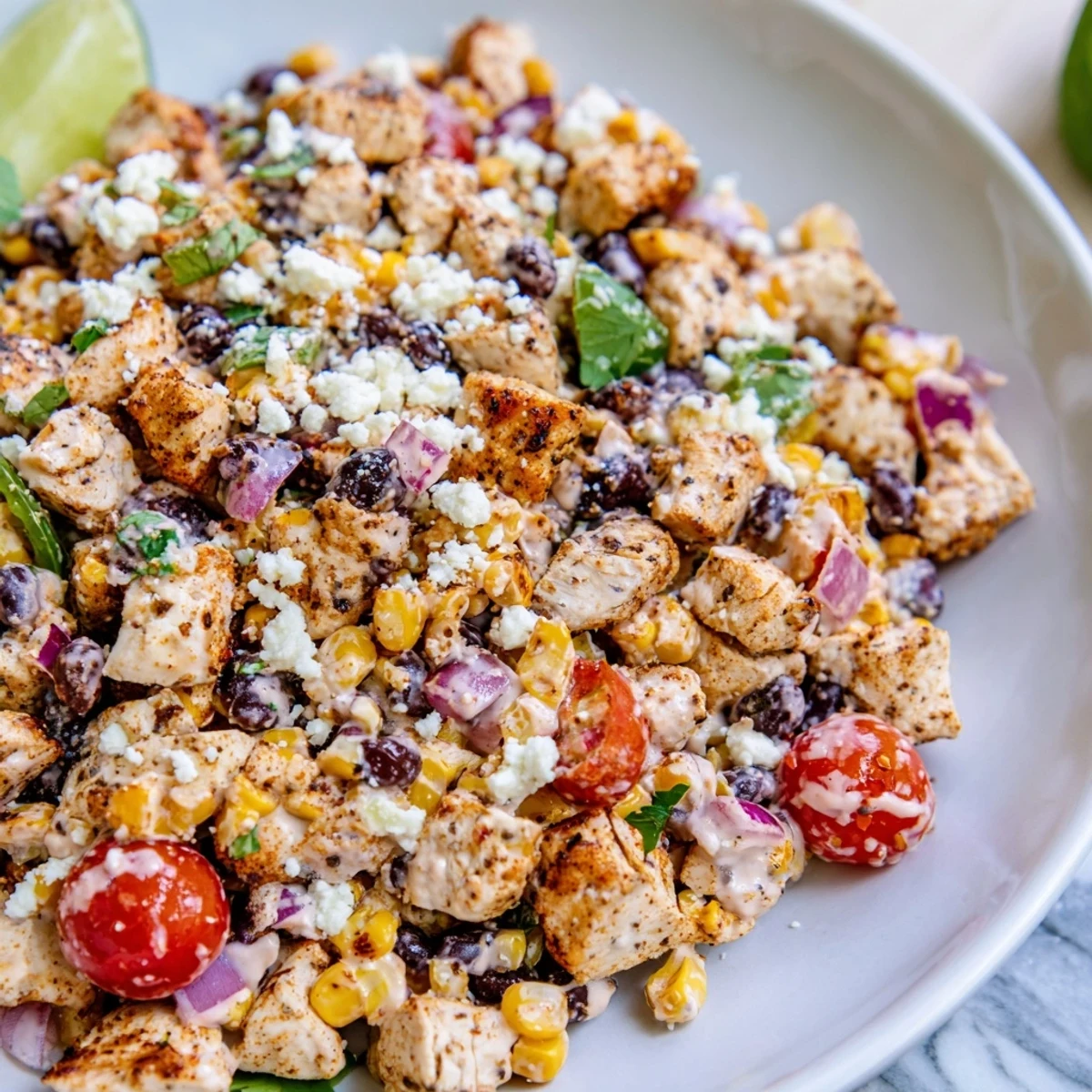 Colorful bowl of high protein chicken street corn salad topped with crumbled cotija cheese, fresh cilantro, and juicy cherry tomatoes