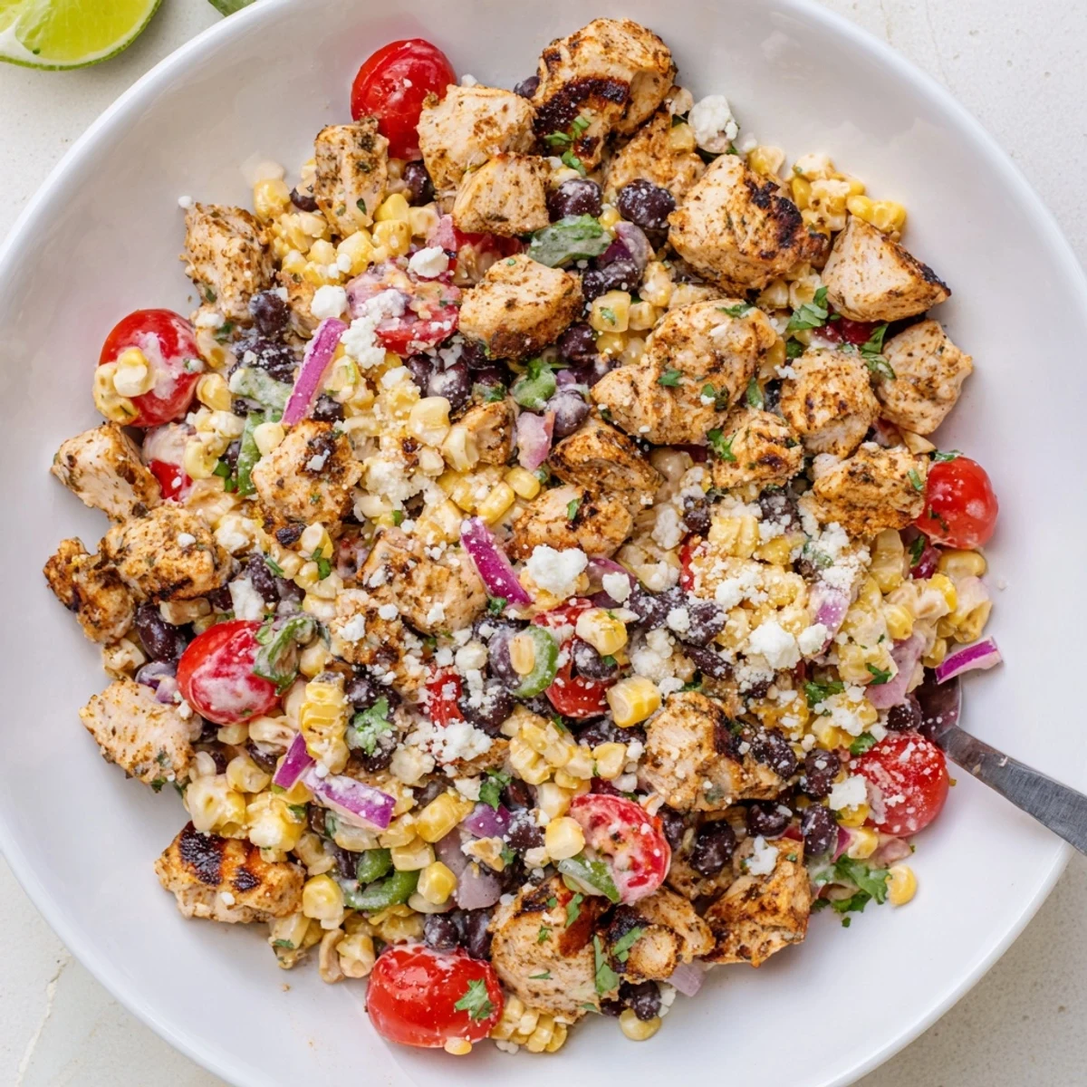 Spoon lifting creamy high protein chicken street corn salad with smoky grilled corn, tender chicken, and zesty lime dressing