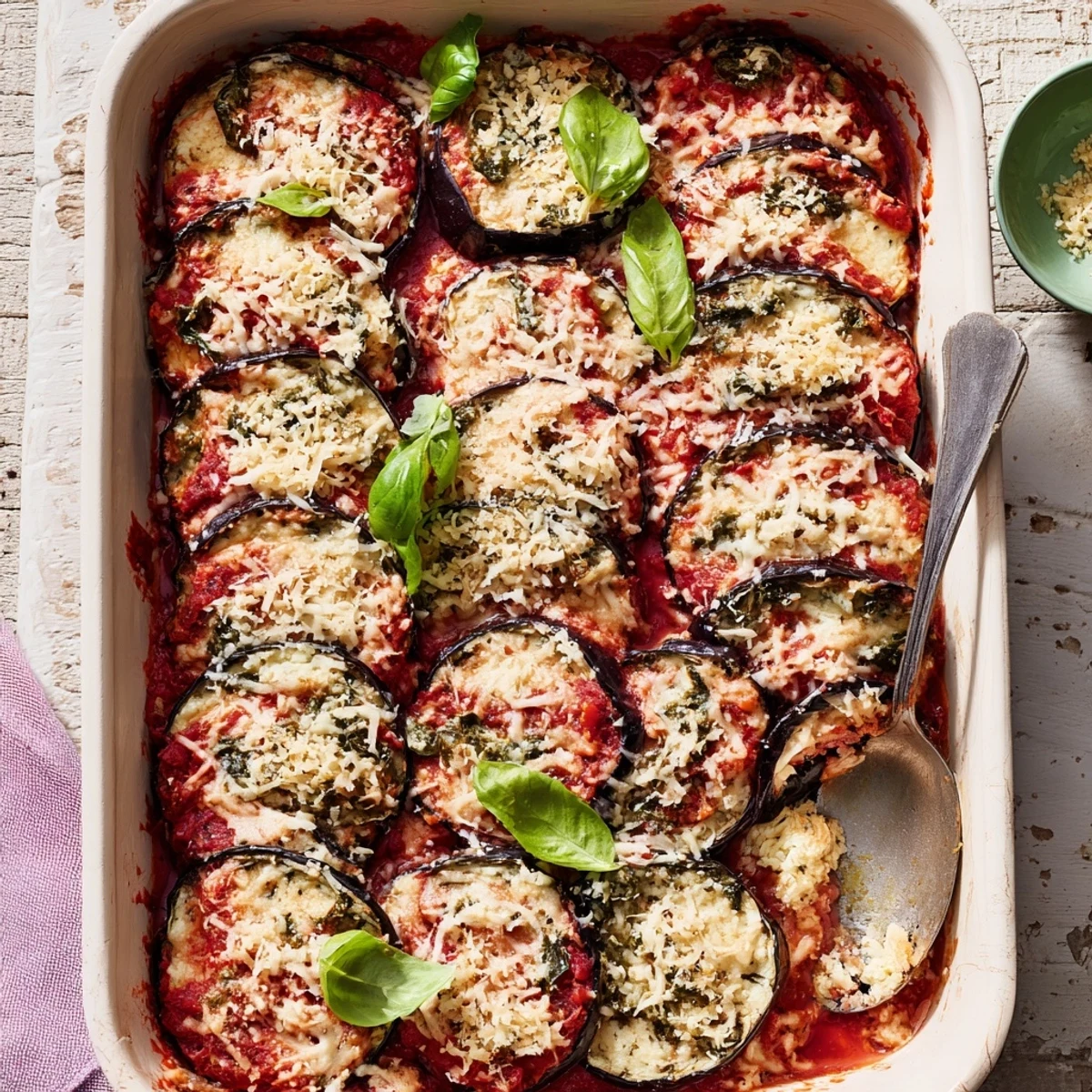 Layered Italian ricotta eggplant casserole featuring tender roasted eggplant and rich tomato sauce