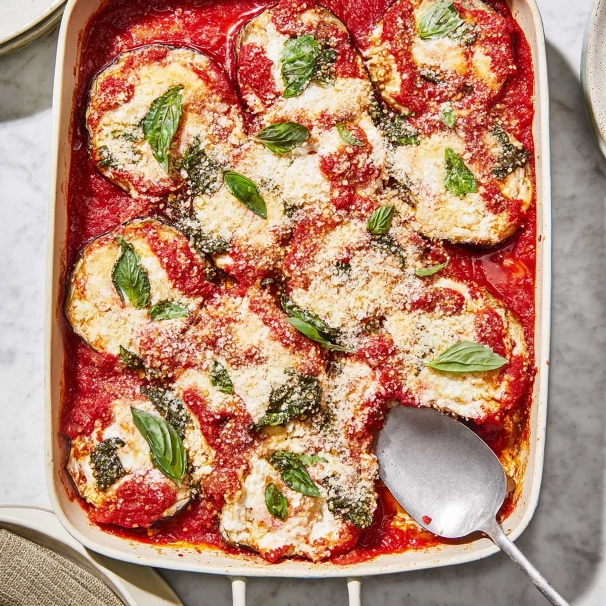 Golden baked ricotta eggplant casserole with bubbling mozzarella and fresh basil garnish