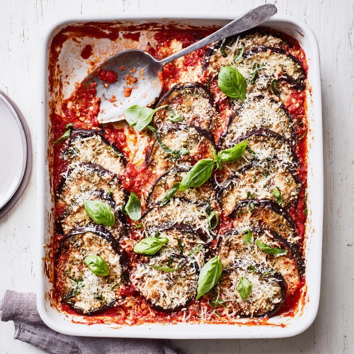 Creamy ricotta eggplant casserole fresh from the oven with melted cheese topping