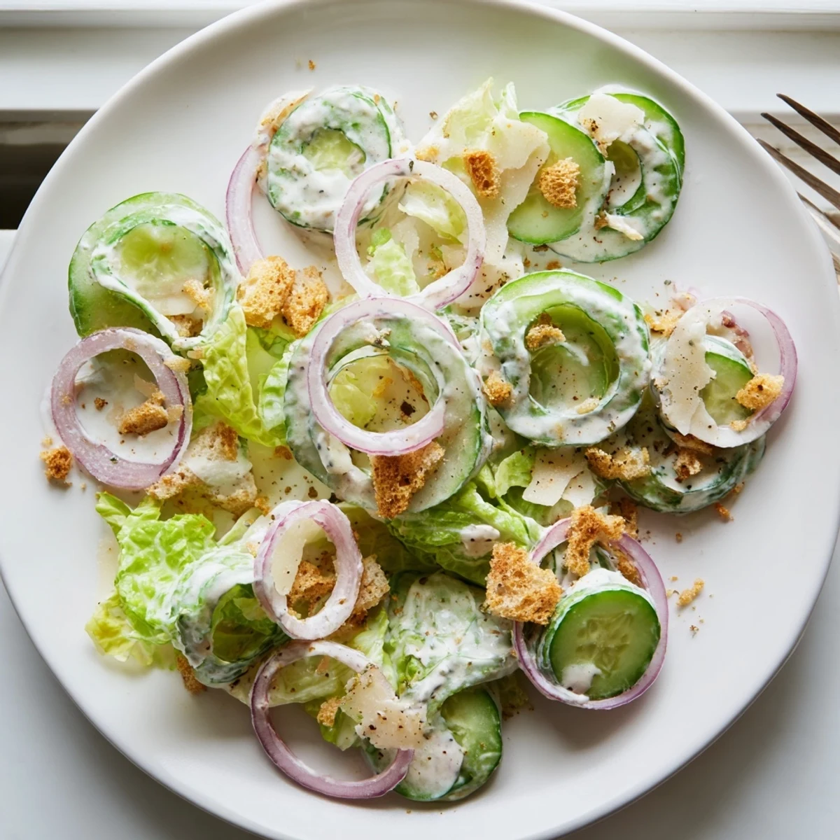 Fresh cucumber Caesar salad with crisp romaine, golden croutons, and creamy Parmesan dressing in a white bowl.