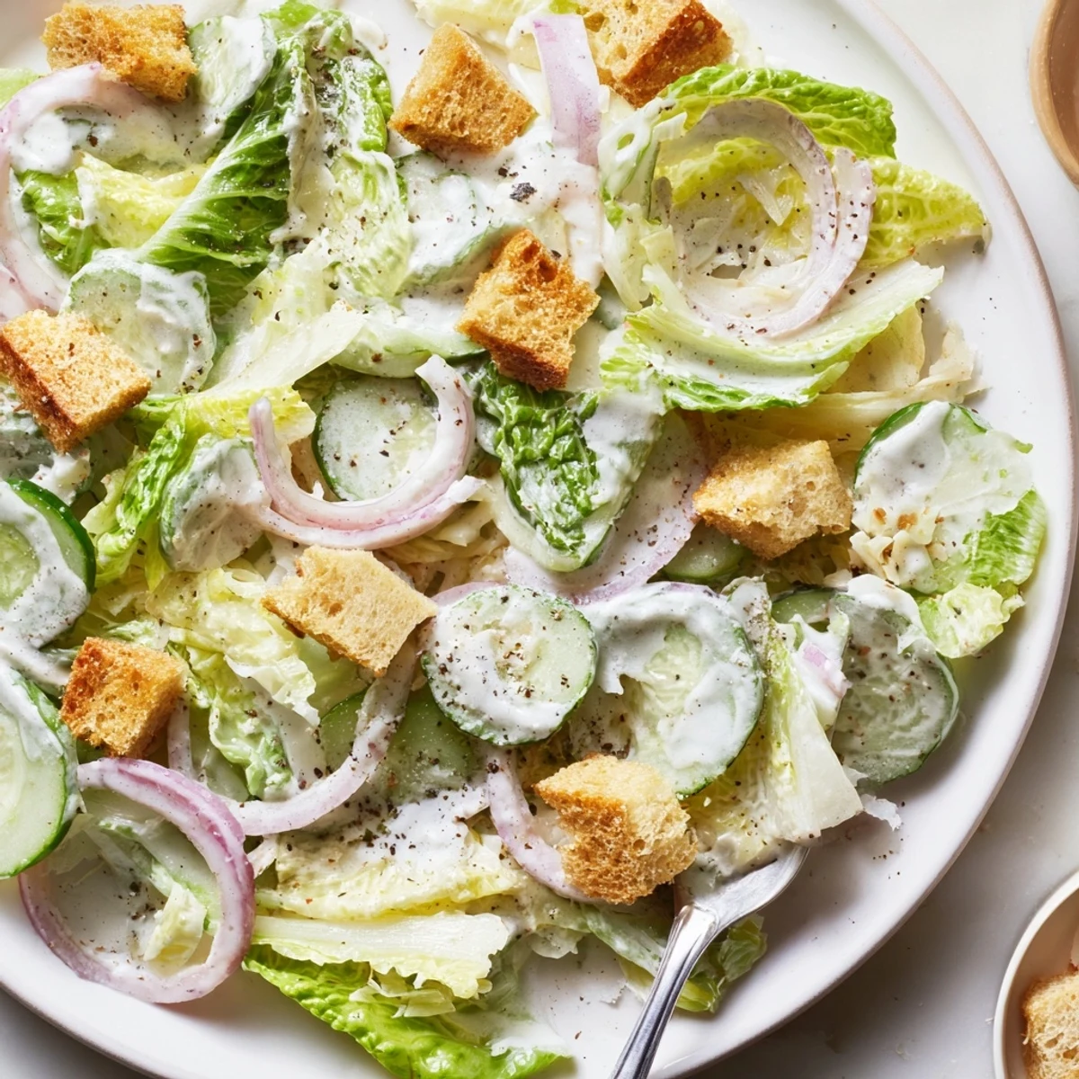 Crisp cucumber Caesar salad topped with homemade dressing, crunchy croutons, and shaved Parmesan cheese on a rustic wooden board.