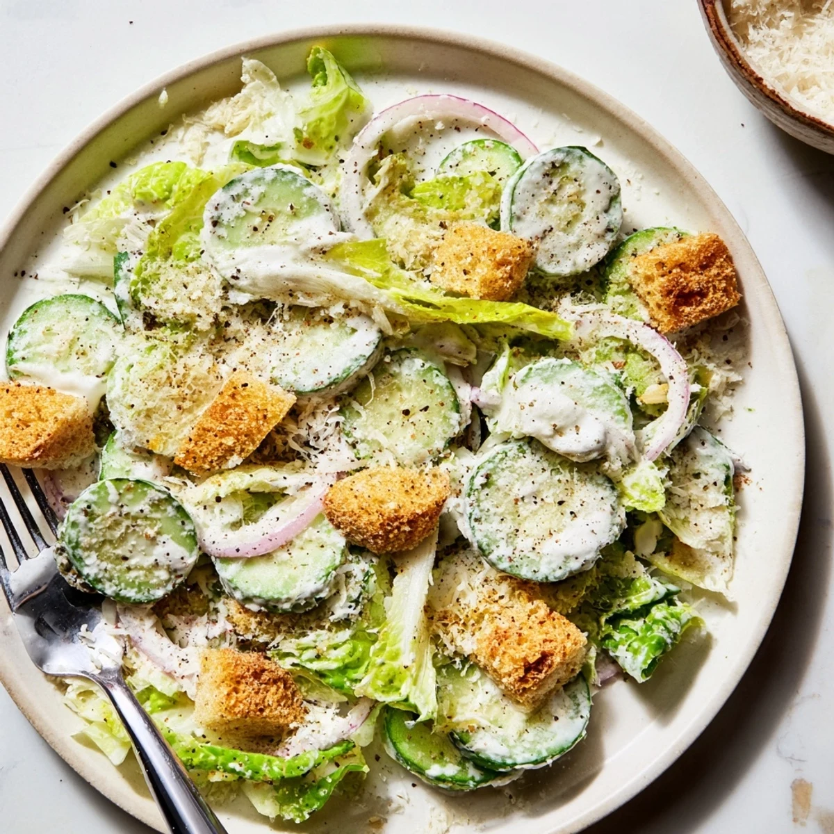 Green cucumber Caesar salad featuring sliced cucumbers, romaine lettuce, and garlicky dressing garnished with black pepper.