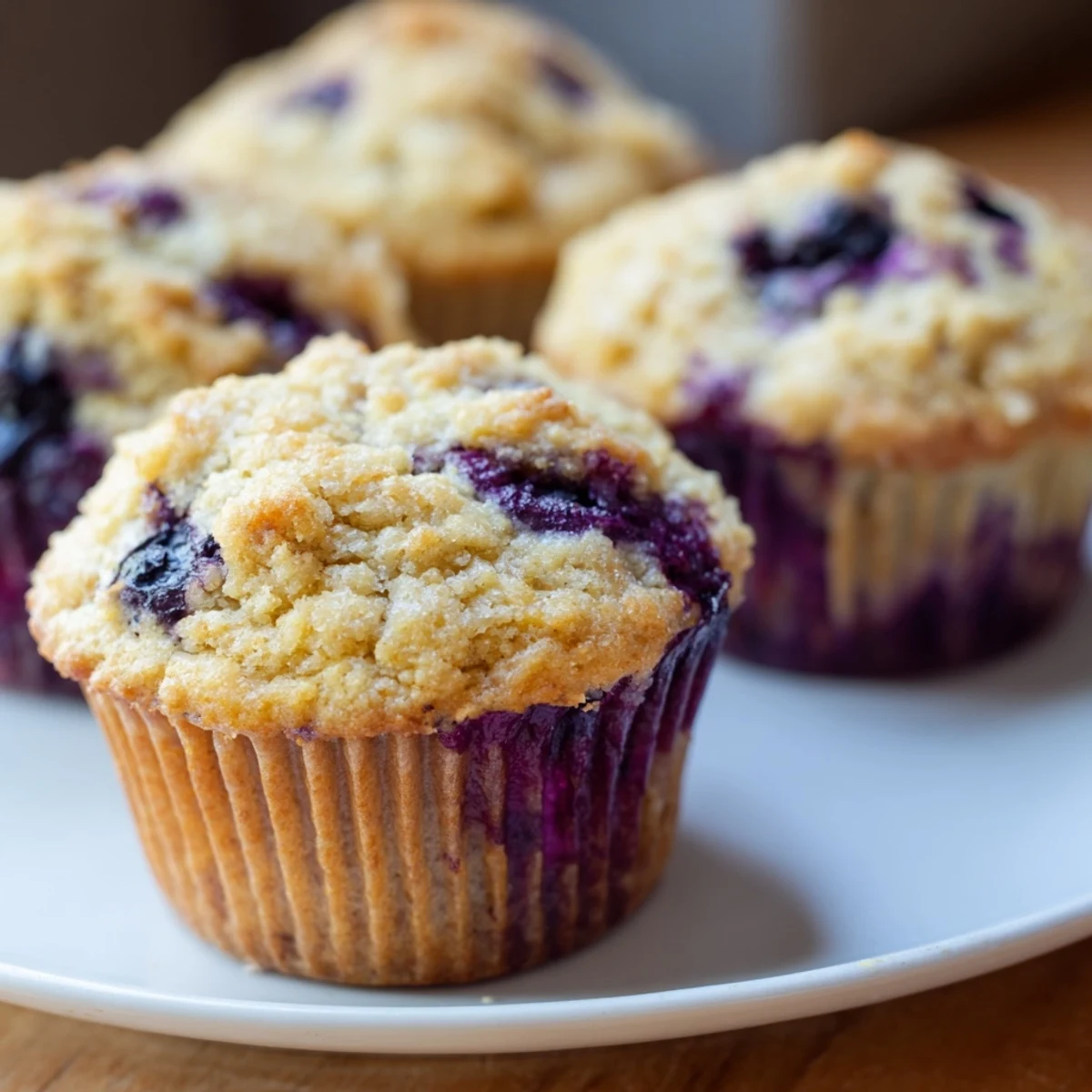 Golden almond flour blueberry muffins with Greek yogurt topped with juicy fresh berries