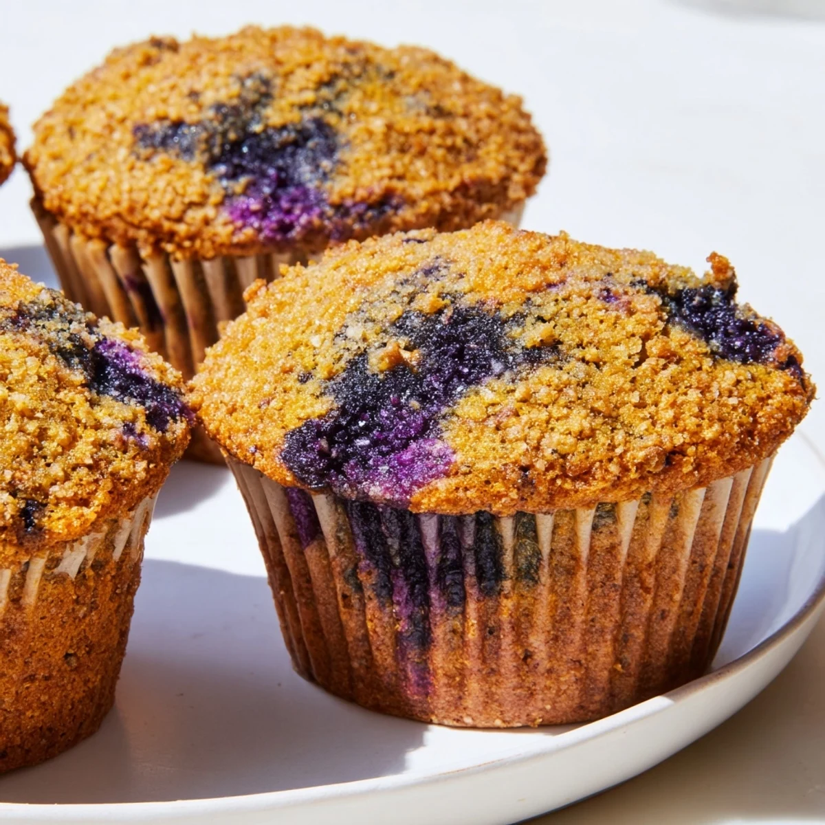 Freshly baked almond flour blueberry muffins with Greek yogurt bursting with plump blueberries inside