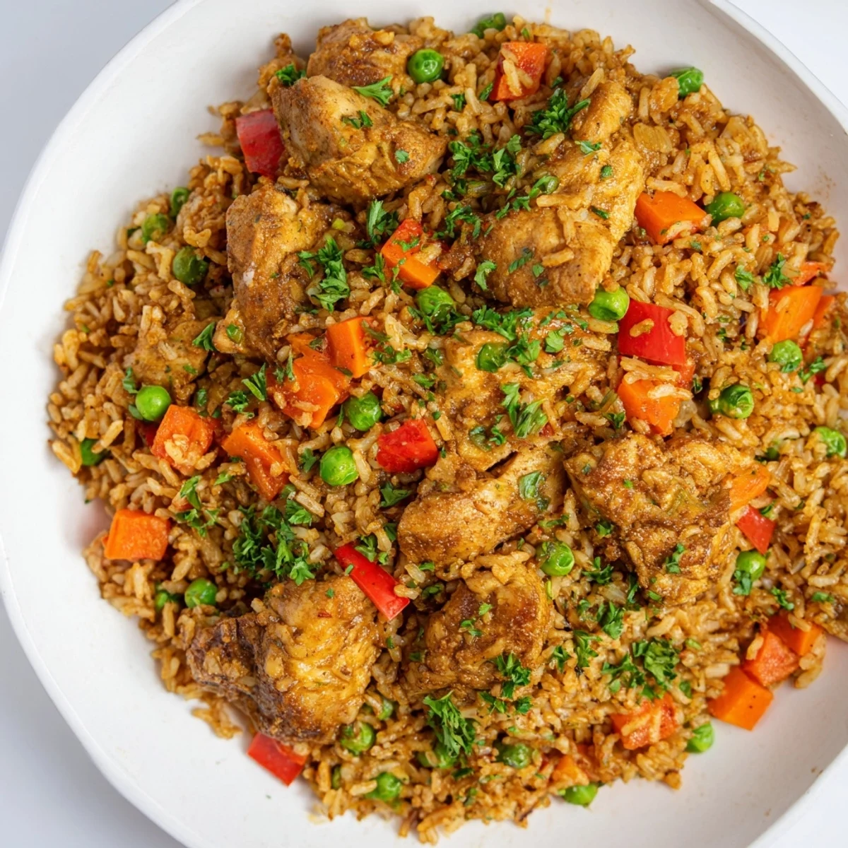 Middle Eastern style One Pot Shawarma Chicken and Rice garnished with fresh parsley and creamy yogurt topping