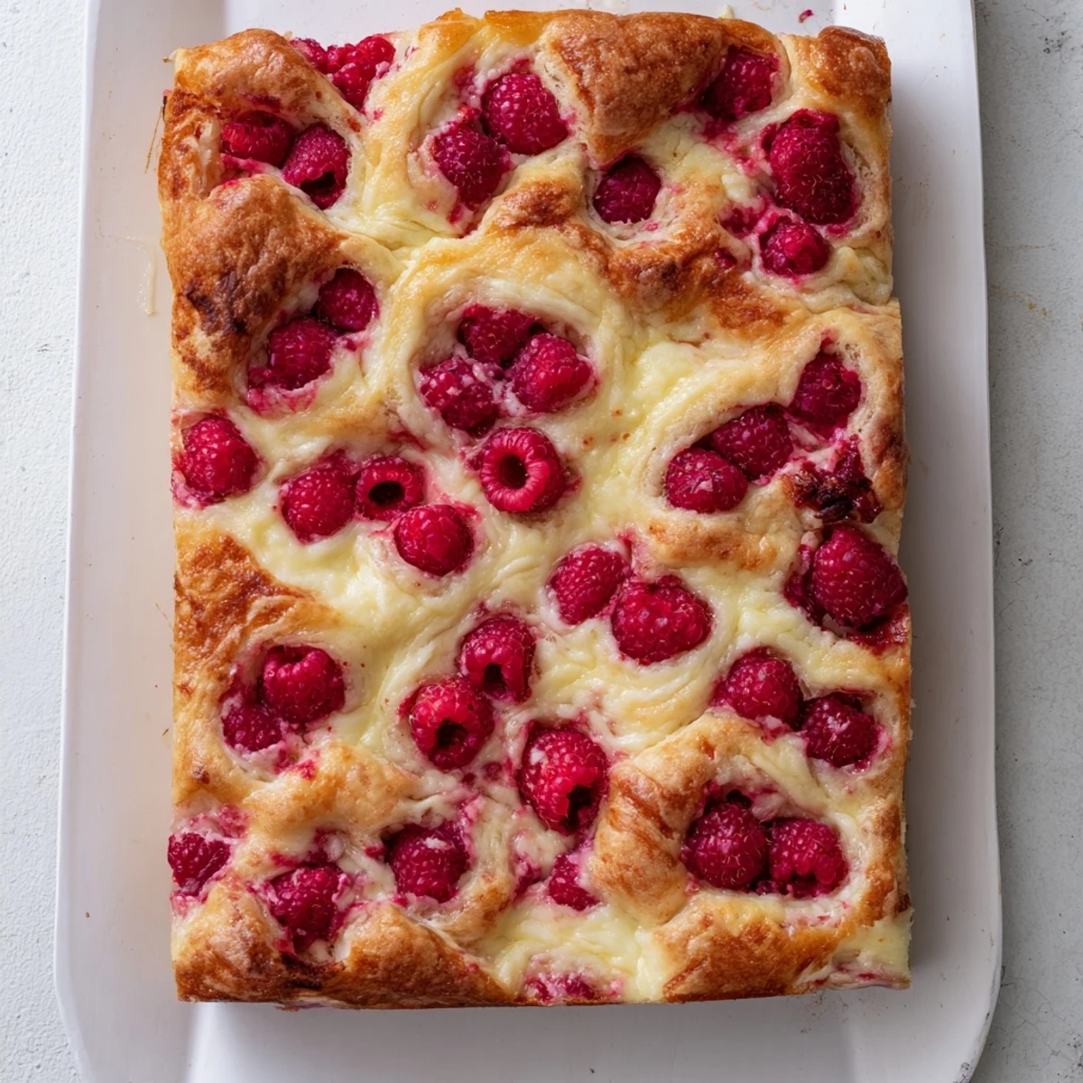 Golden raspberry cheesecake sourdough focaccia with creamy swirls and juicy red berries