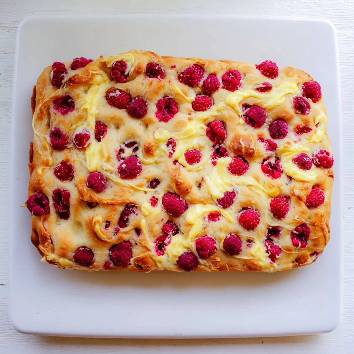 Raspberry cheesecake sourdough focaccia featuring golden dimpled crust and vibrant berry topping