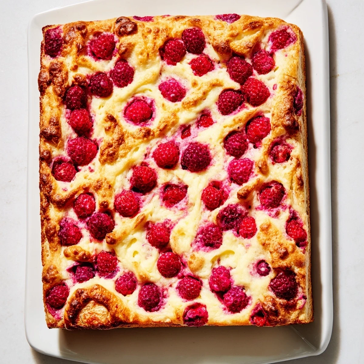 Airy focaccia topped with tangy raspberries and sweet cheesecake mixture, freshly baked