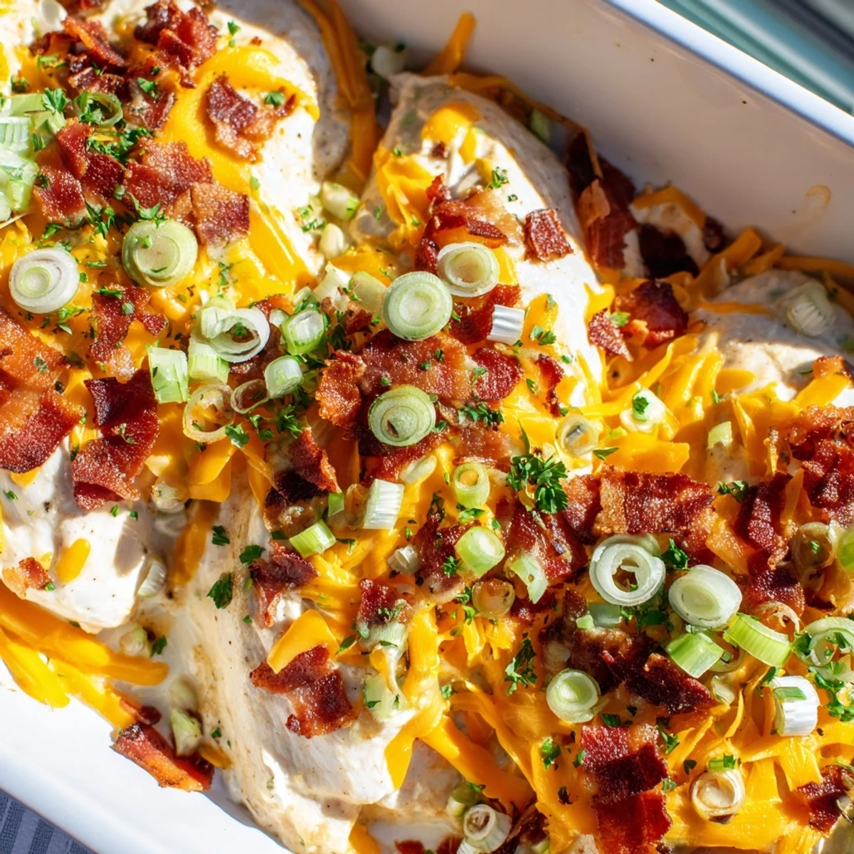 Creamy ranch seasoned baked chicken topped with bubbly cheese and savory bacon