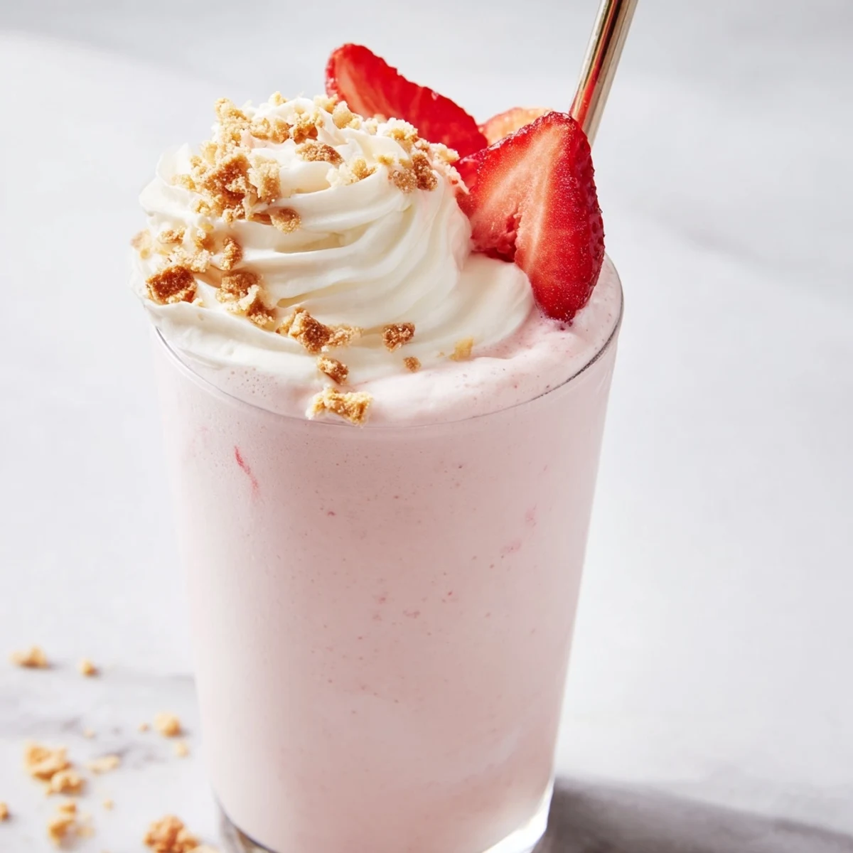 Thick strawberry cheesecake milkshake topped with whipped cream and fresh strawberry slices in a chilled glass