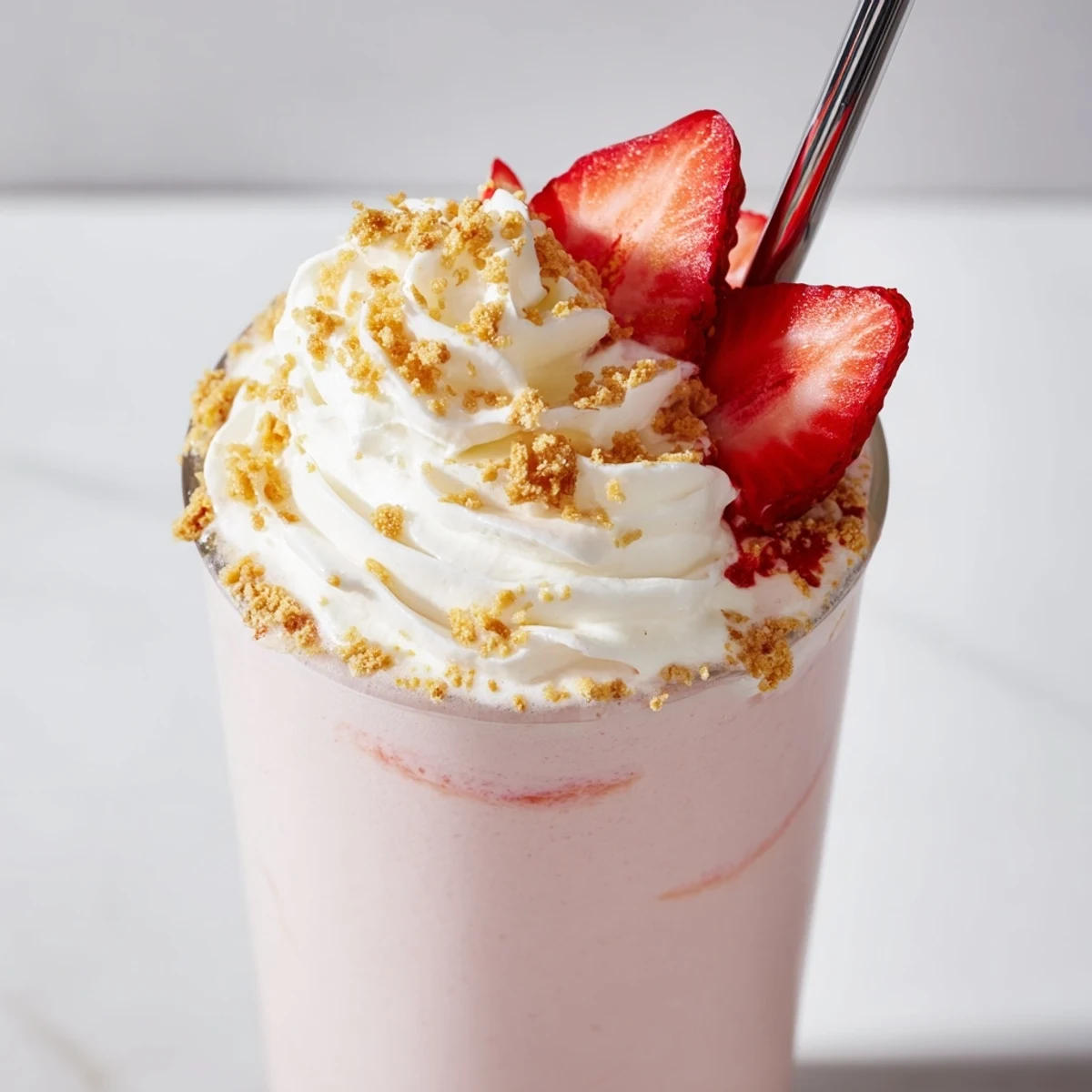 Creamy pink strawberry cheesecake milkshake garnished with crushed graham crackers and plump red strawberry halves