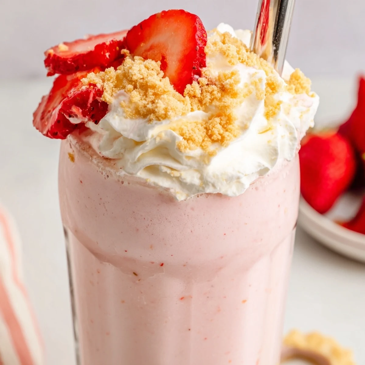 Rich blended strawberry cheesecake milkshake with cream cheese swirls and vanilla ice cream served tall