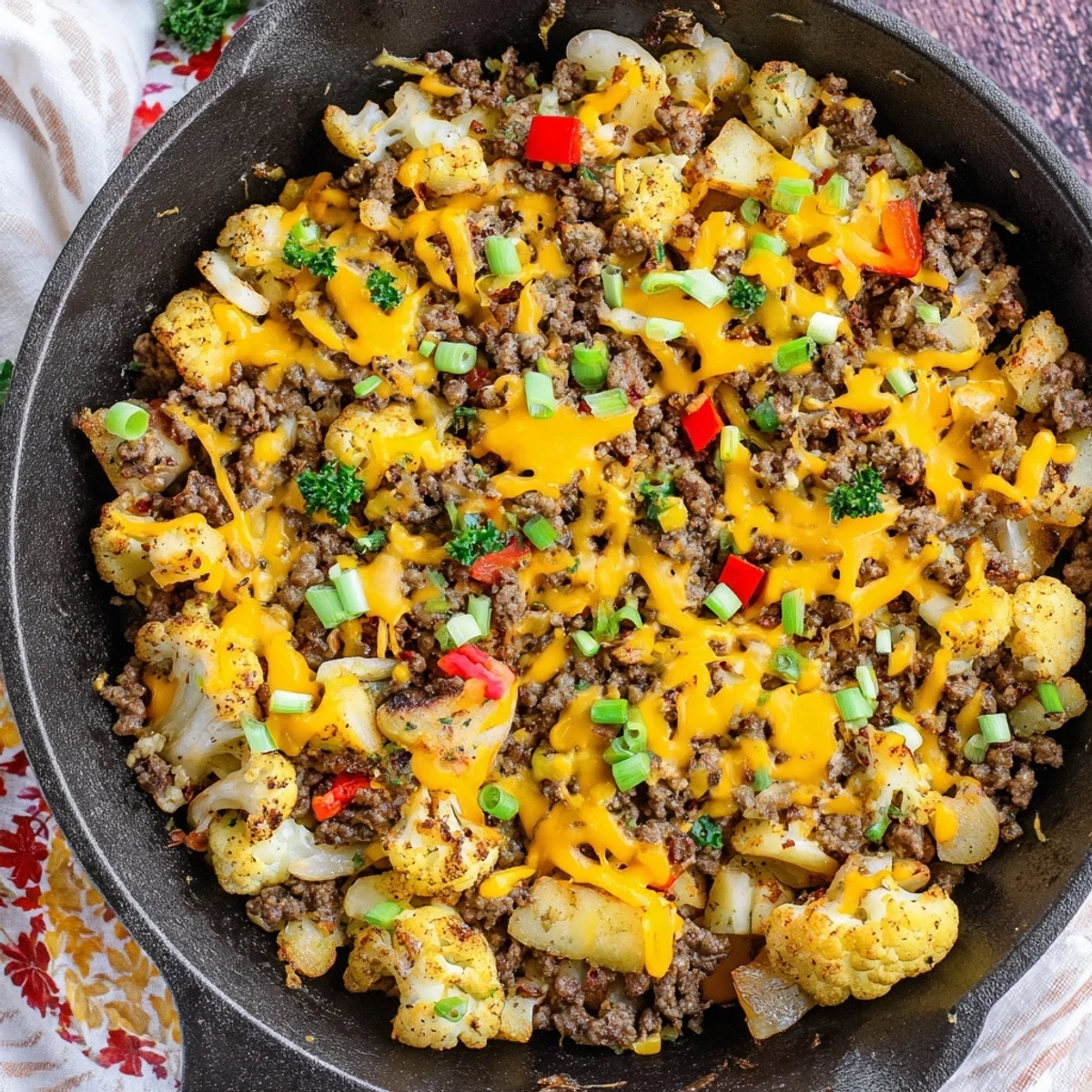 Golden cauliflower and browned ground beef hash simmering in a cast iron skillet with colorful diced vegetables
