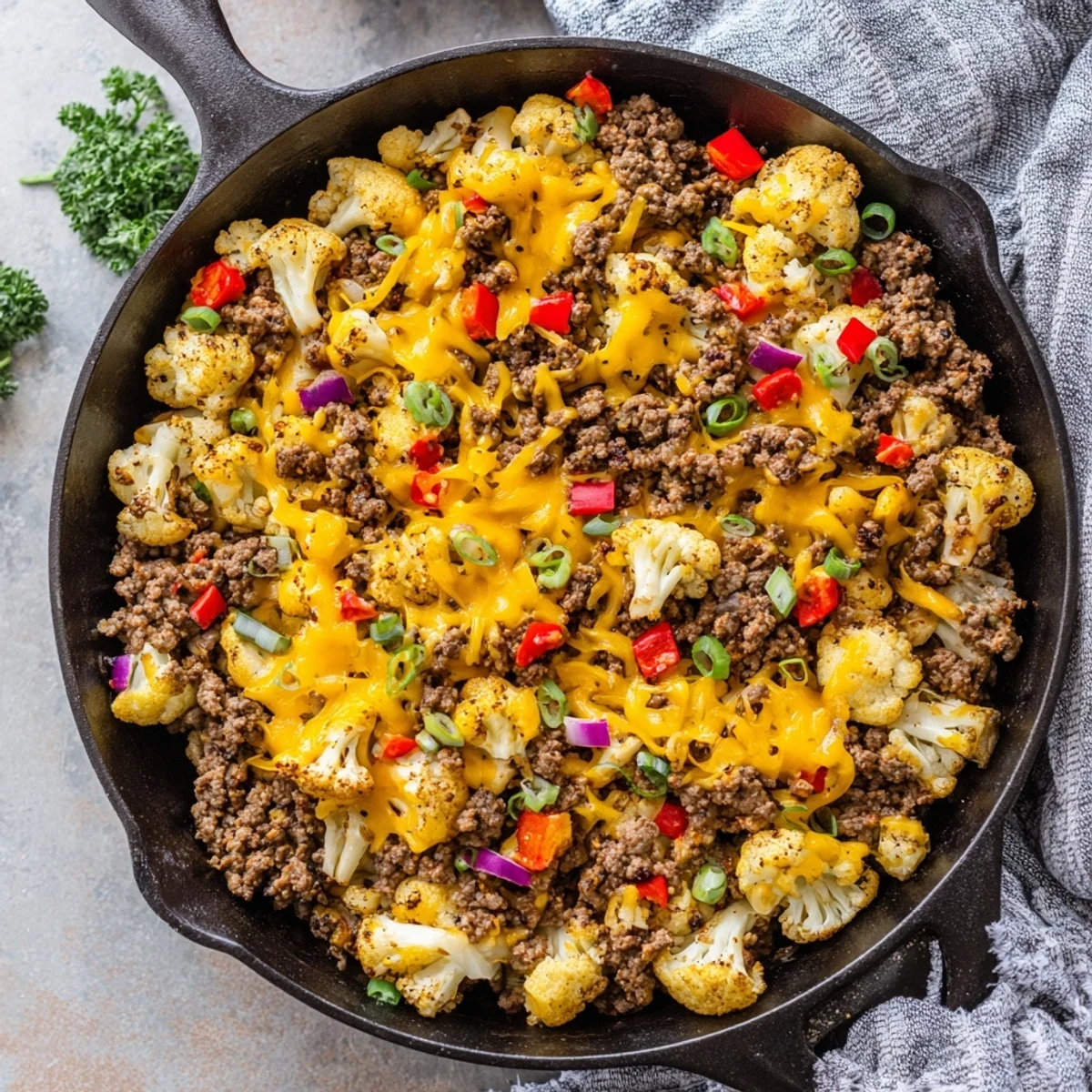 Savory low-carb cauliflower and ground beef hash plated with melted cheddar and fresh green onion garnish