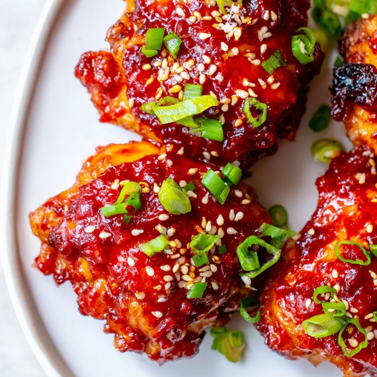 Gochujang chicken pieces glazed in rich spicy red sauce with caramelized edges and sesame seed garnish