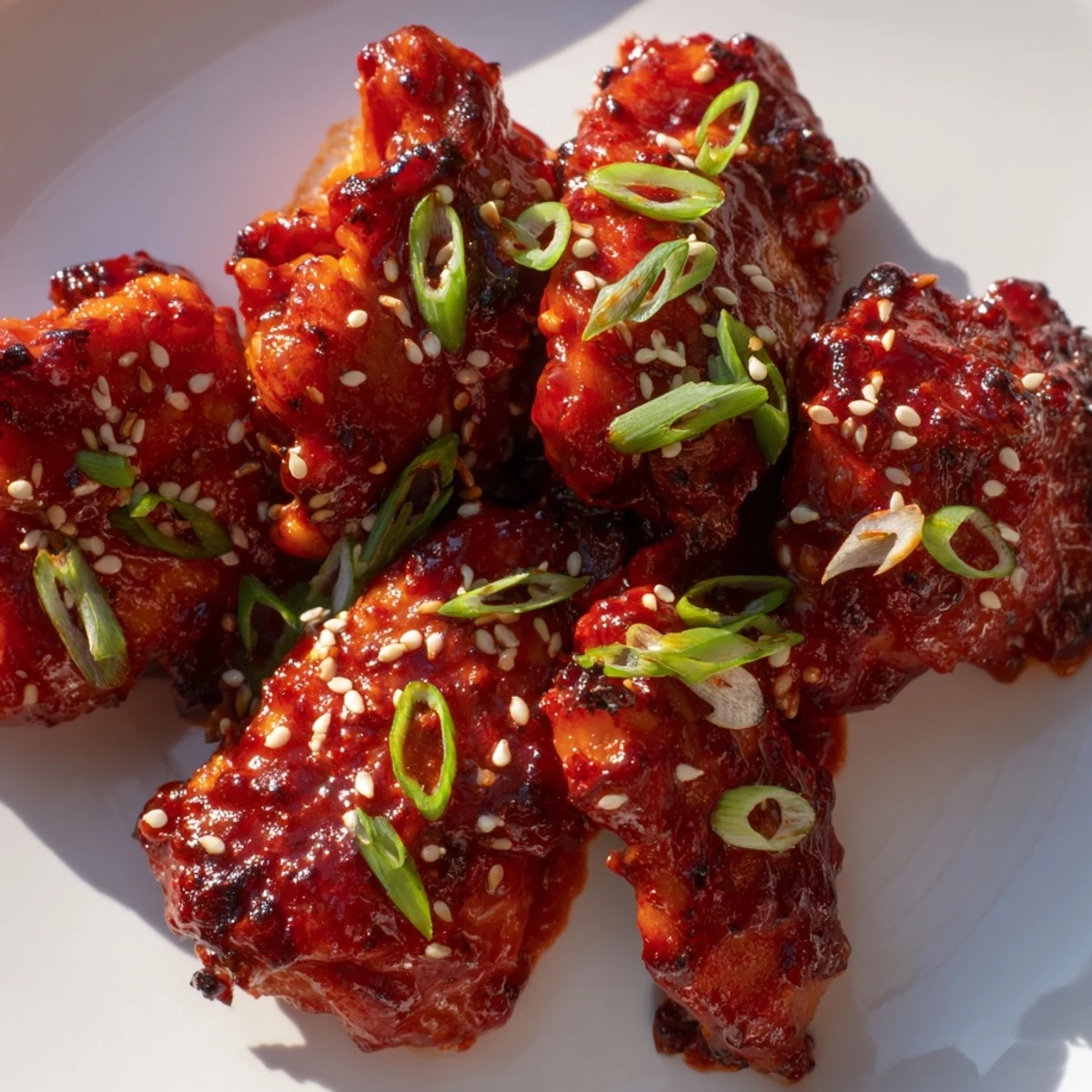 Tender gochujang chicken coated in glossy Korean chili paste served over white rice with fresh green onions