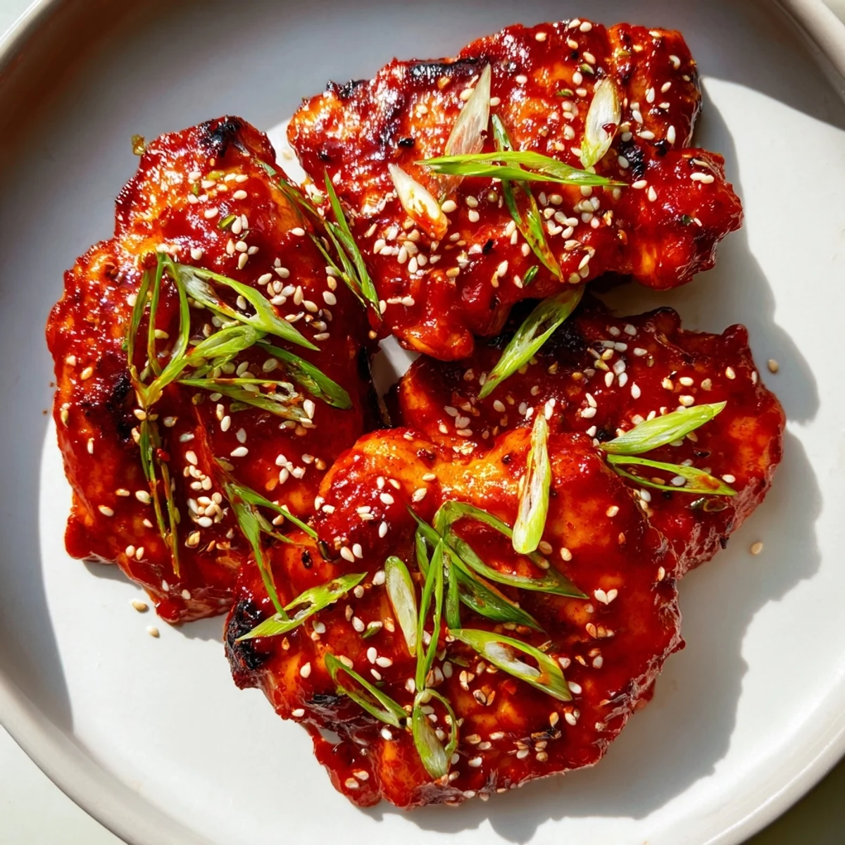 Golden brown gochujang chicken thighs in thick sweet-spicy glaze topped with sliced scallions and toasted sesame seeds