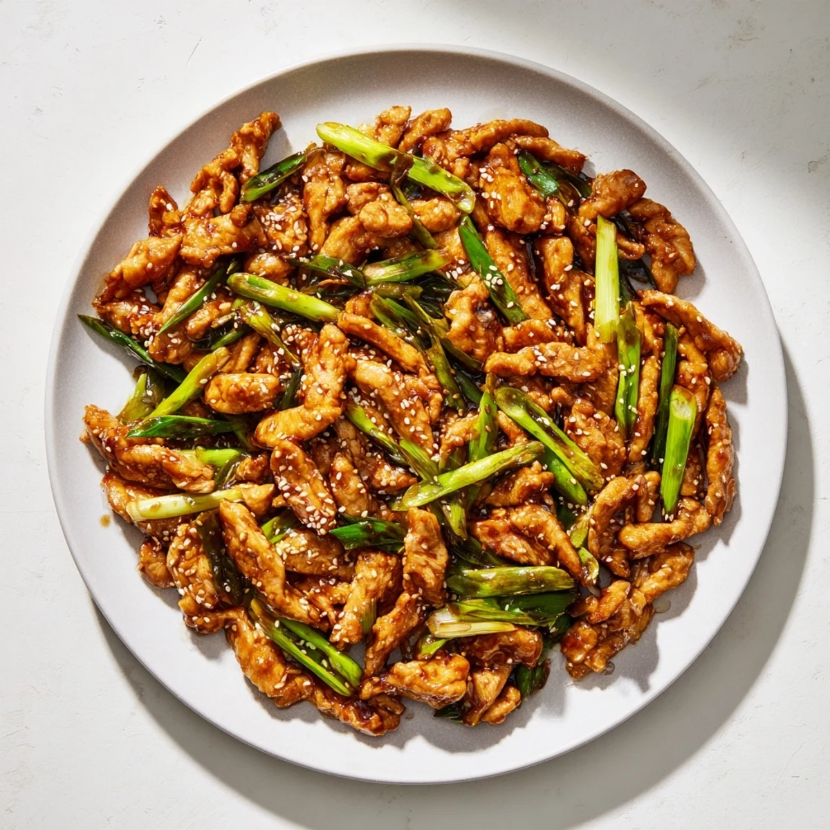 Savory glazed Mongolian chicken topped with sesame seeds and sliced scallions served in a deep bowl over rice