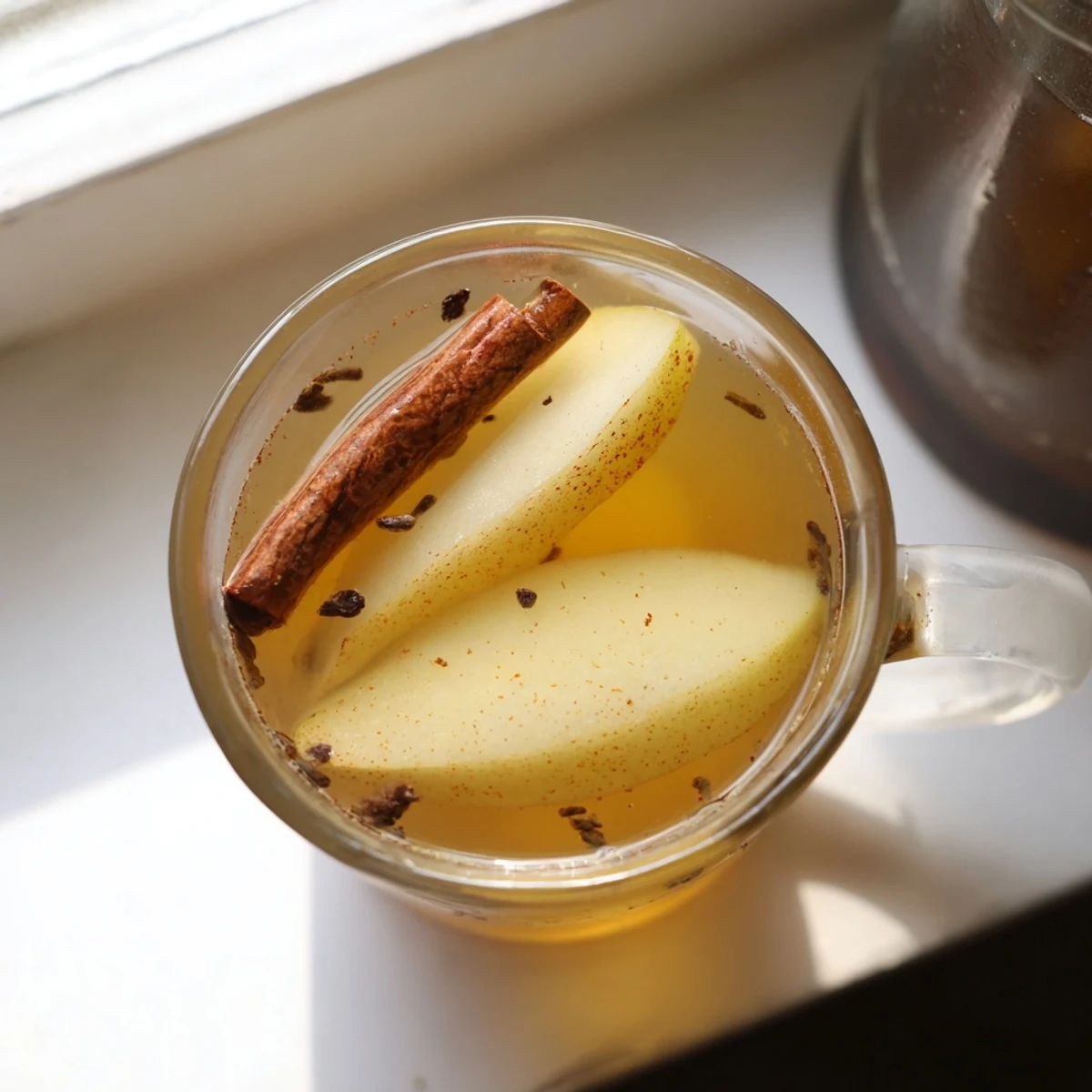 Golden cinnamon pear cider steaming in a mug with floating pear slices and cinnamon stick