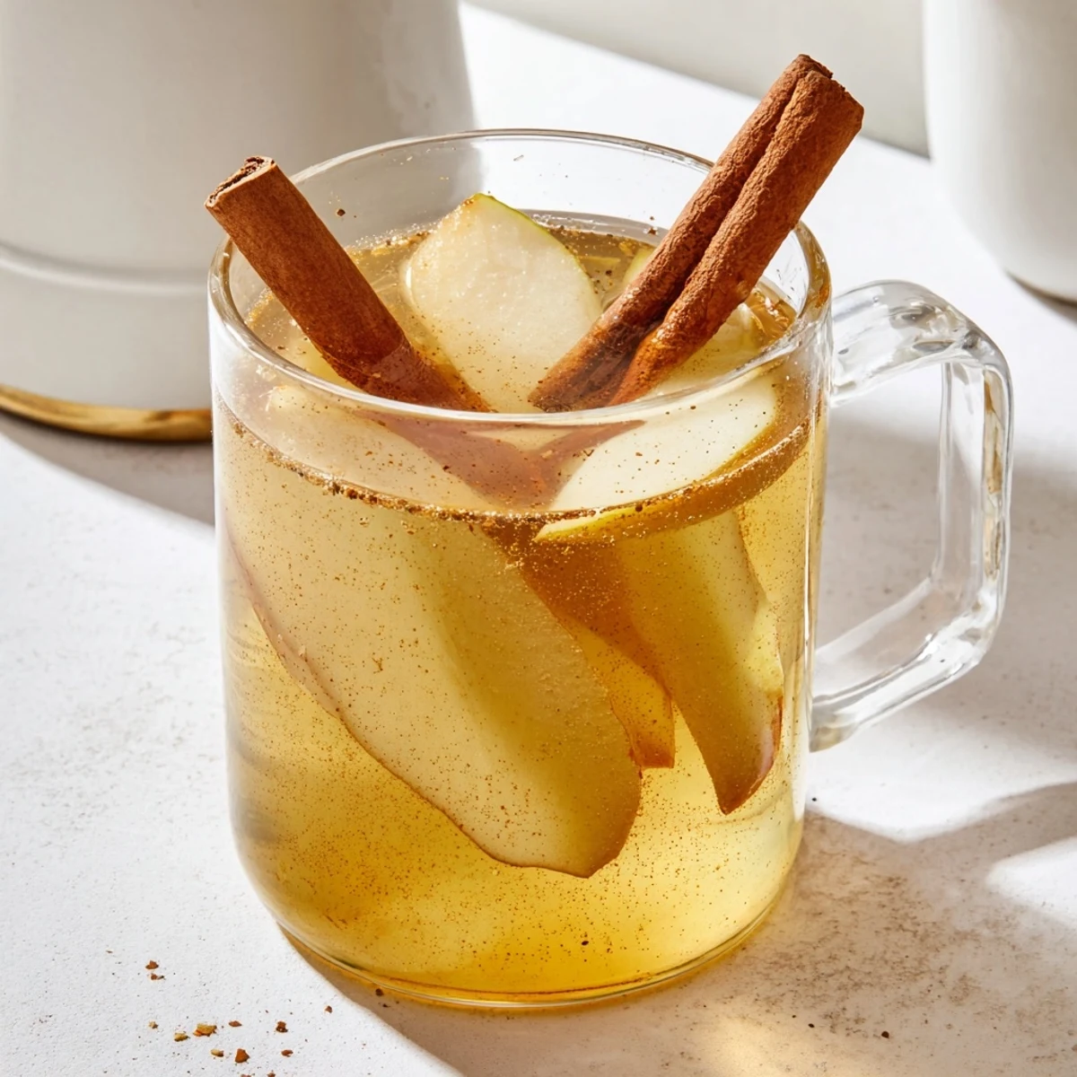 Rustic mason jar of warm spiced pear cider garnished with fresh cinnamon sticks on wooden table