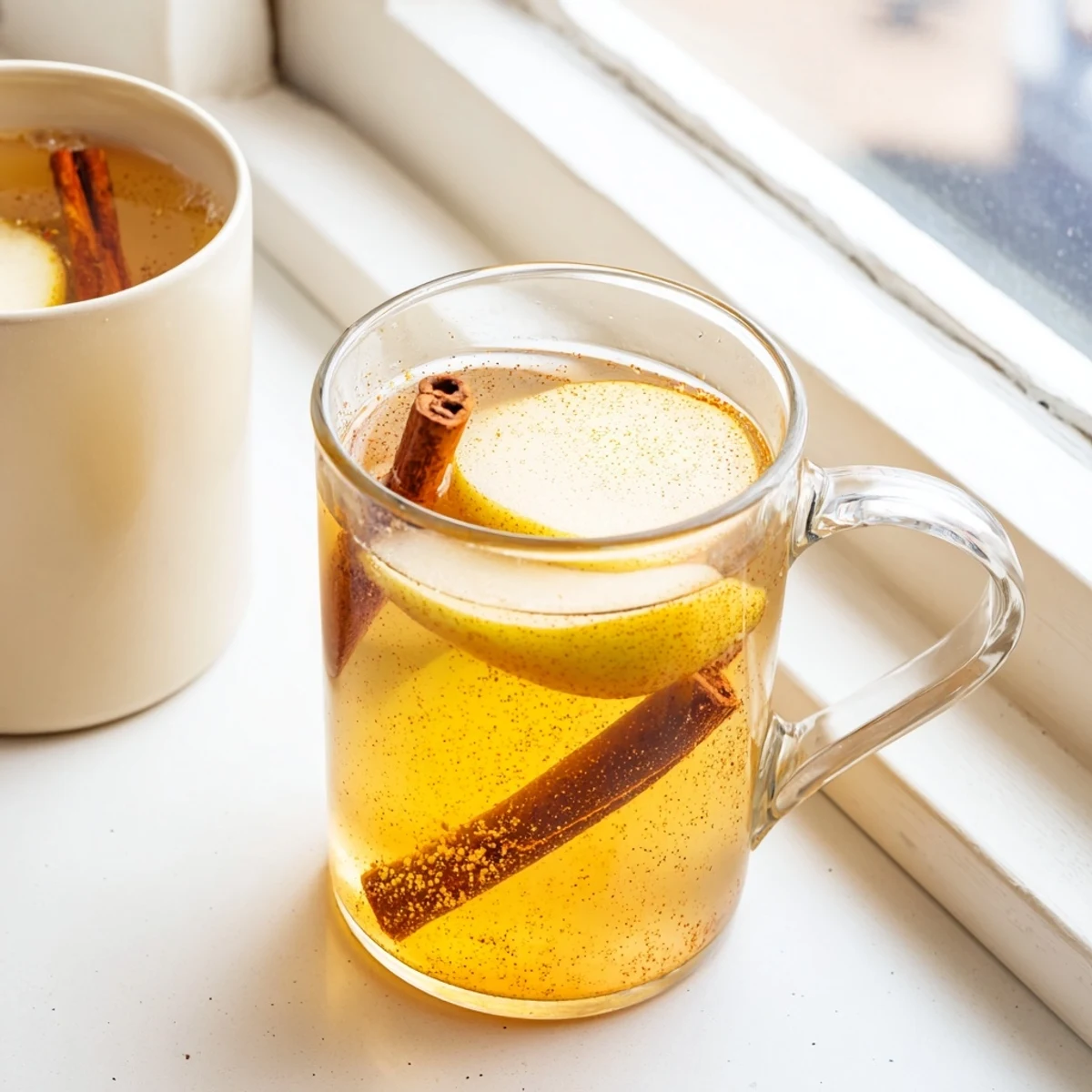 Homemade cinnamon pear cider served in clear glass with floating fruit pieces and aromatic steam rising