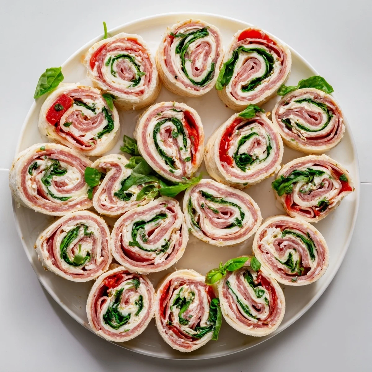Colorful spiral sliced Italian pinwheels arranged on a white serving platter garnished with fresh green herbs