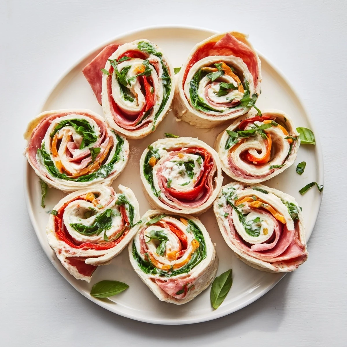 Savory Italian pinwheels filled with layers of salami, ham, pepperoni and cheese rolled in soft flour tortillas