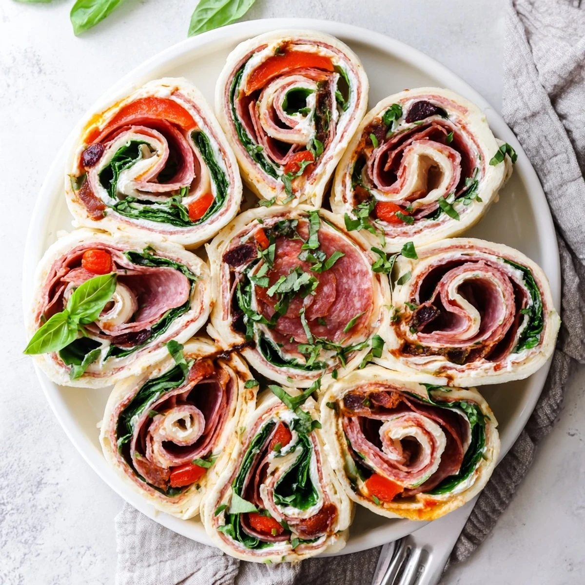 Close-up of delicious Italian pinwheels showing spirals of deli meats, provolone cheese and roasted red peppers