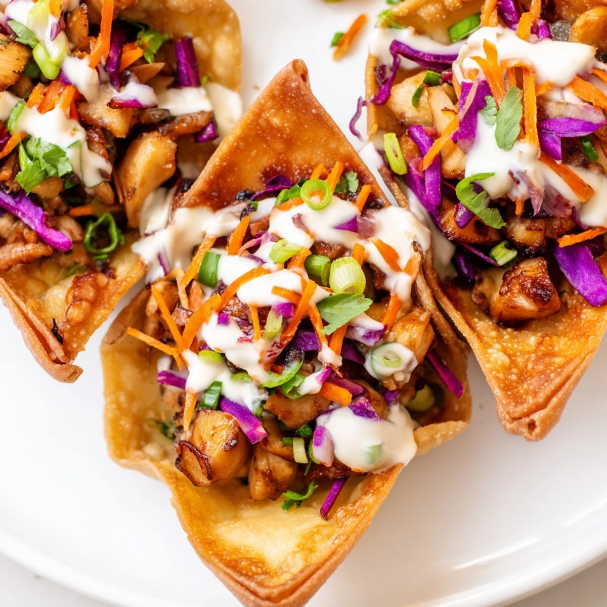 Golden crispy chicken wonton tacos topped with colorful cabbage slaw and zesty Asian sauce drizzle