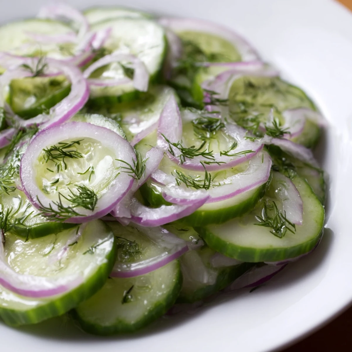 Fresh cucumber salad with red onion and dill in a tangy vinegar dressing served in a white bowl