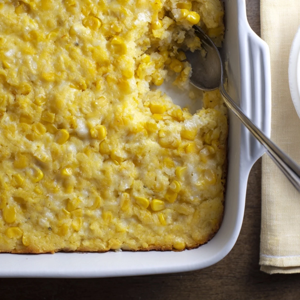 Golden brown Classic Jiffy corn casserole with a creamy, spoonable center perfect for holiday gatherings