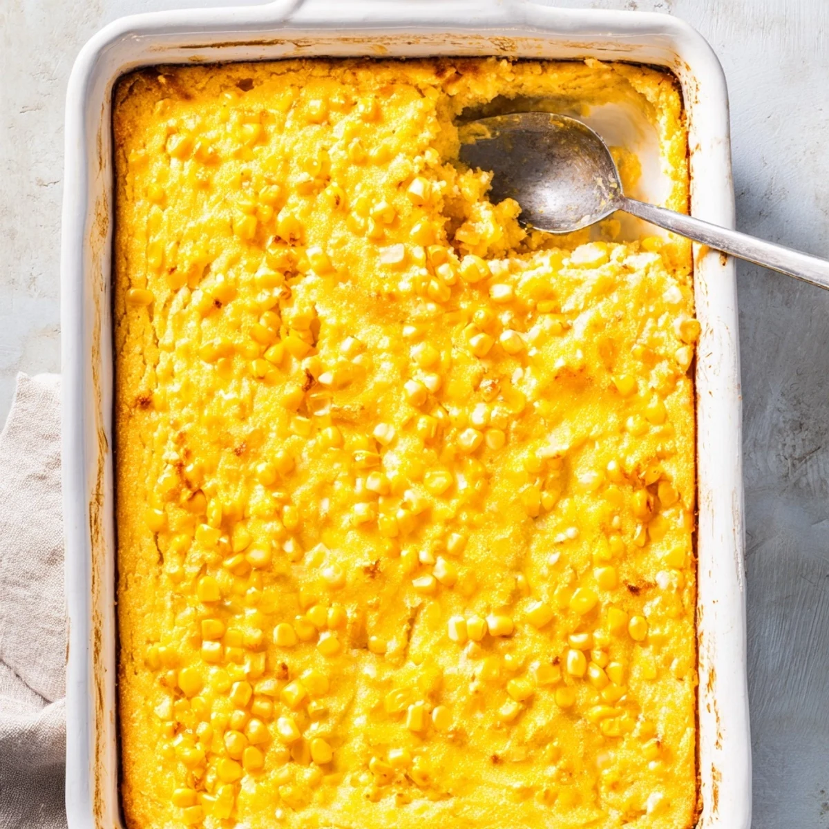 Creamy cornbread-style Classic Jiffy corn casserole fresh from the oven with a buttery golden crust