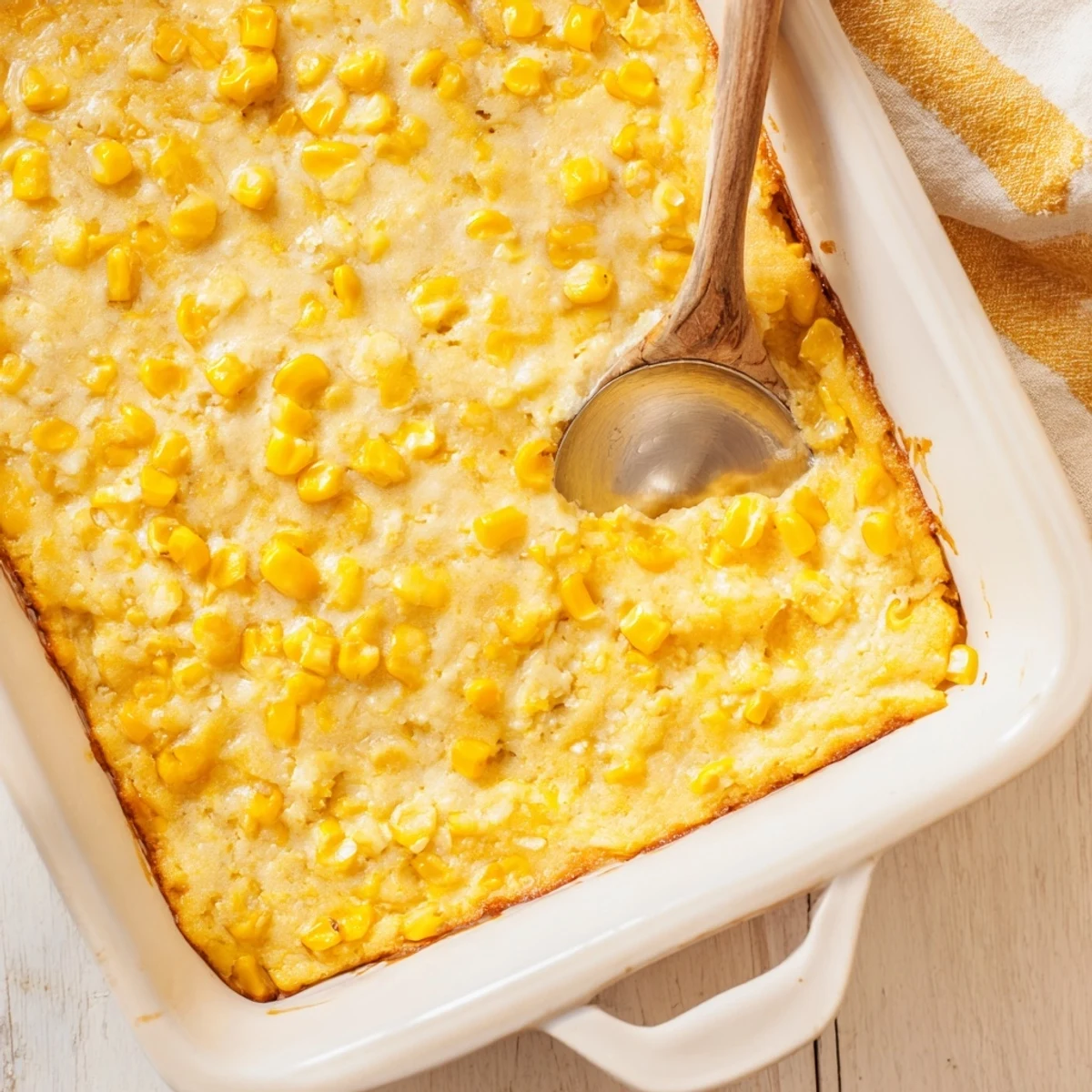 Spoonful of Classic Jiffy corn casserole showing whole sweet corn kernels in a rich, moist texture