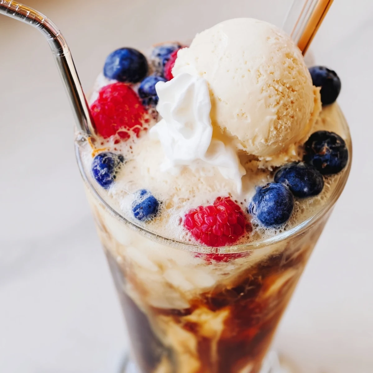 Tall glass filled with Rebel ice cream float topped with whipped cream and fresh berries