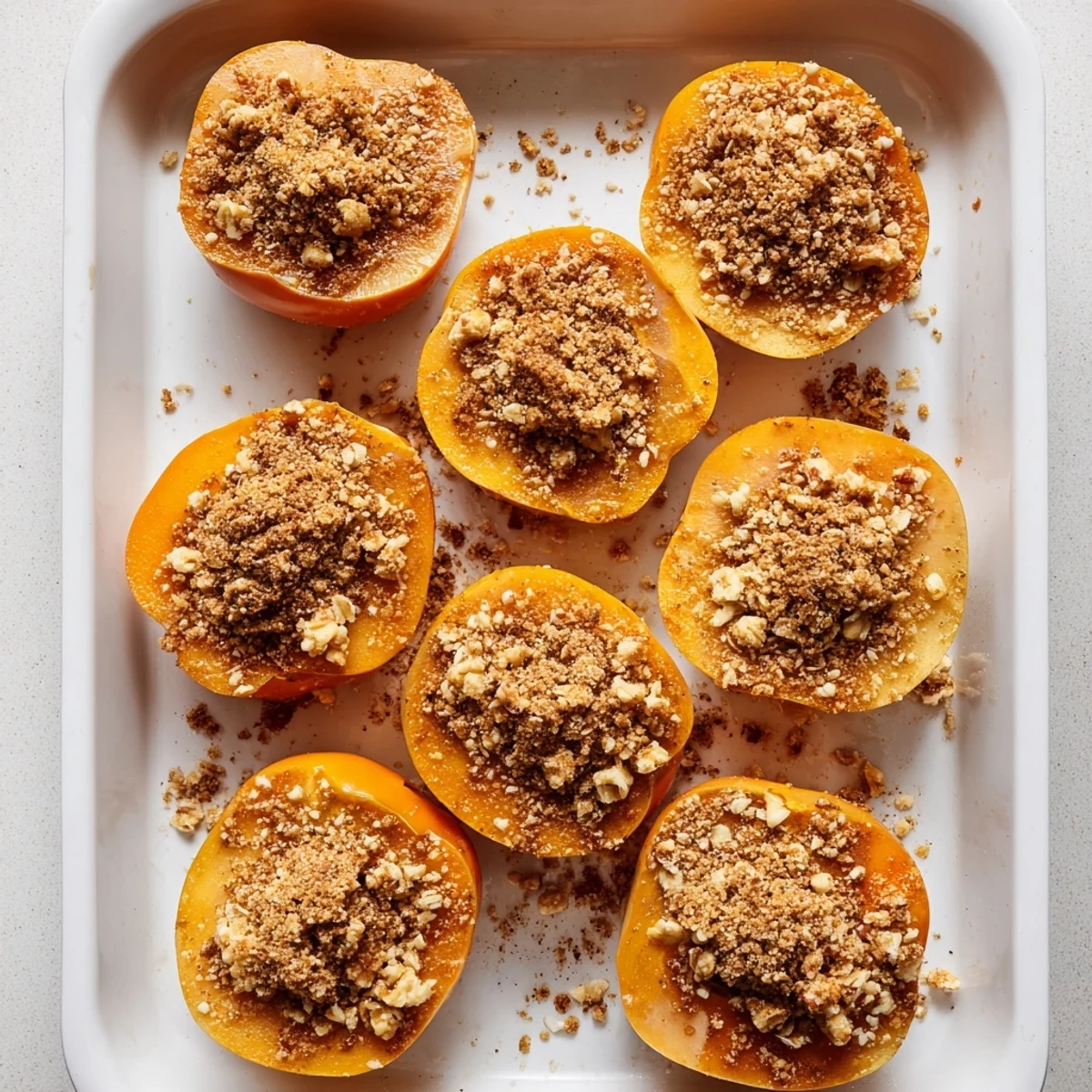 Golden baked persimmons topped with spiced oat crumble, a warm autumn dessert