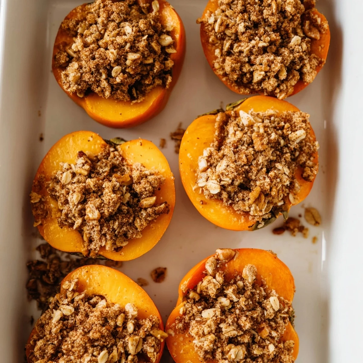 Tender persimmon halves with crunchy cinnamon oat topping, served warm
