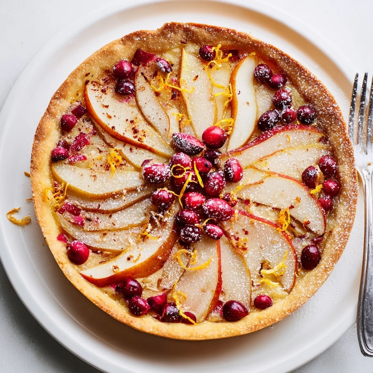 Golden cranberry tart with pears arranged in buttery crust, topped with glistening sugared fruit